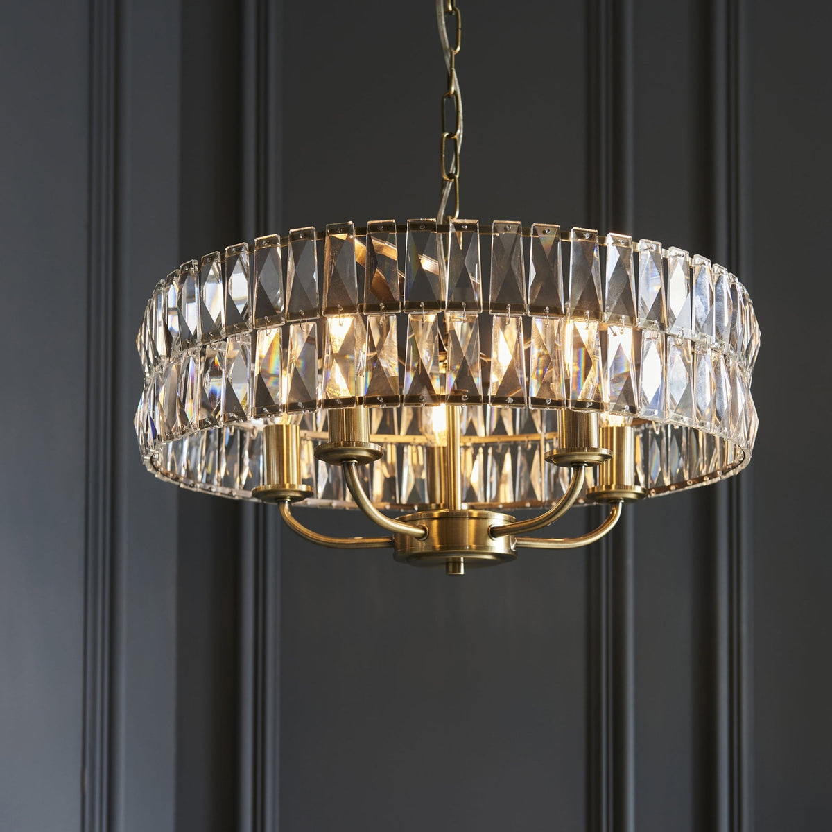 Clifton Five Light Pendant Chandelier in Antique Brass with Clear Cut Faceted Glass