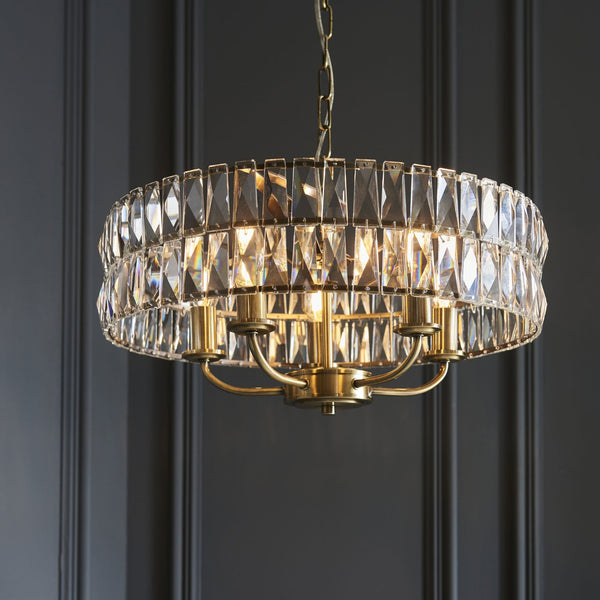 Clifton Five Light Pendant Chandelier in Antique Brass with Clear Cut Faceted Glass