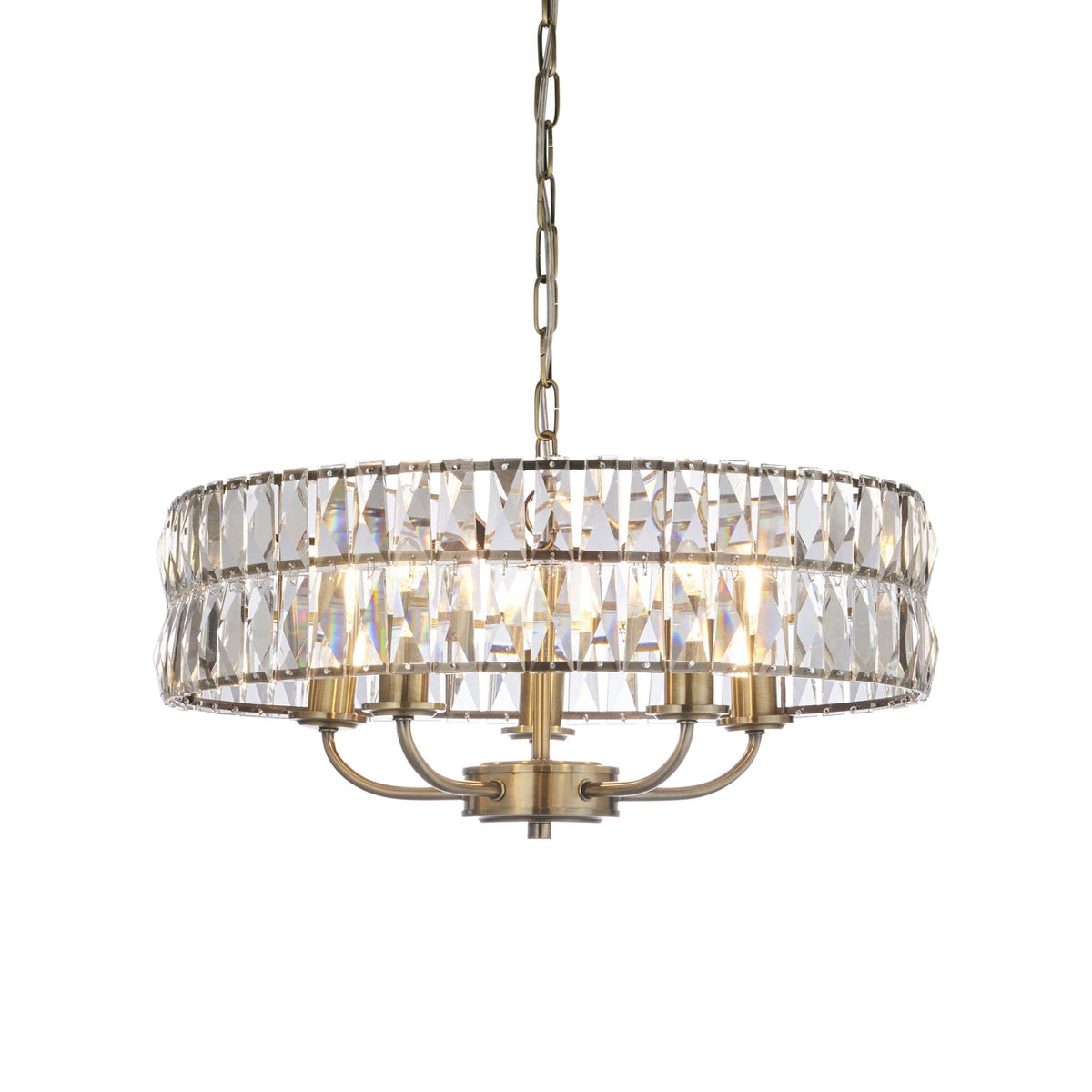 Clifton Five Light Pendant Chandelier in Antique Brass with Clear Cut Faceted Glass
