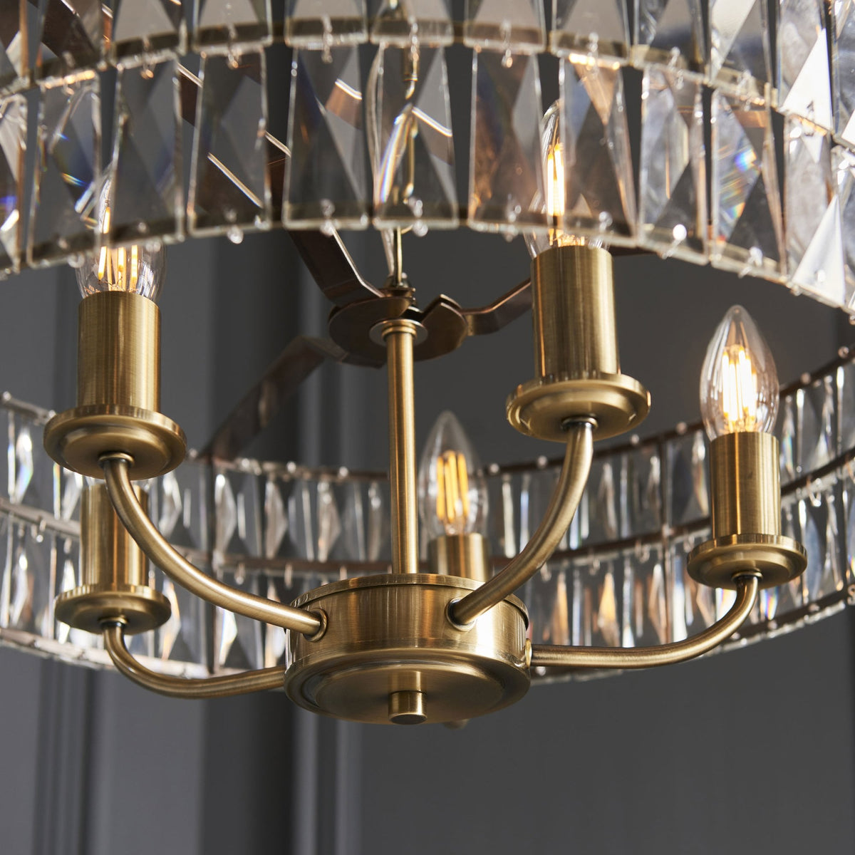 Clifton Five Light Pendant Chandelier in Antique Brass with Clear Cut Faceted Glass