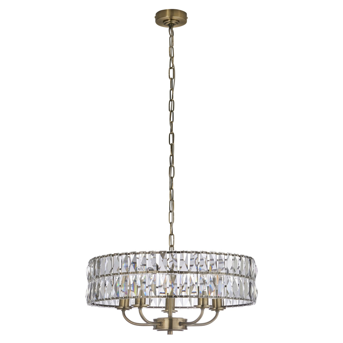 Clifton Five Light Pendant Chandelier in Antique Brass with Clear Cut Faceted Glass