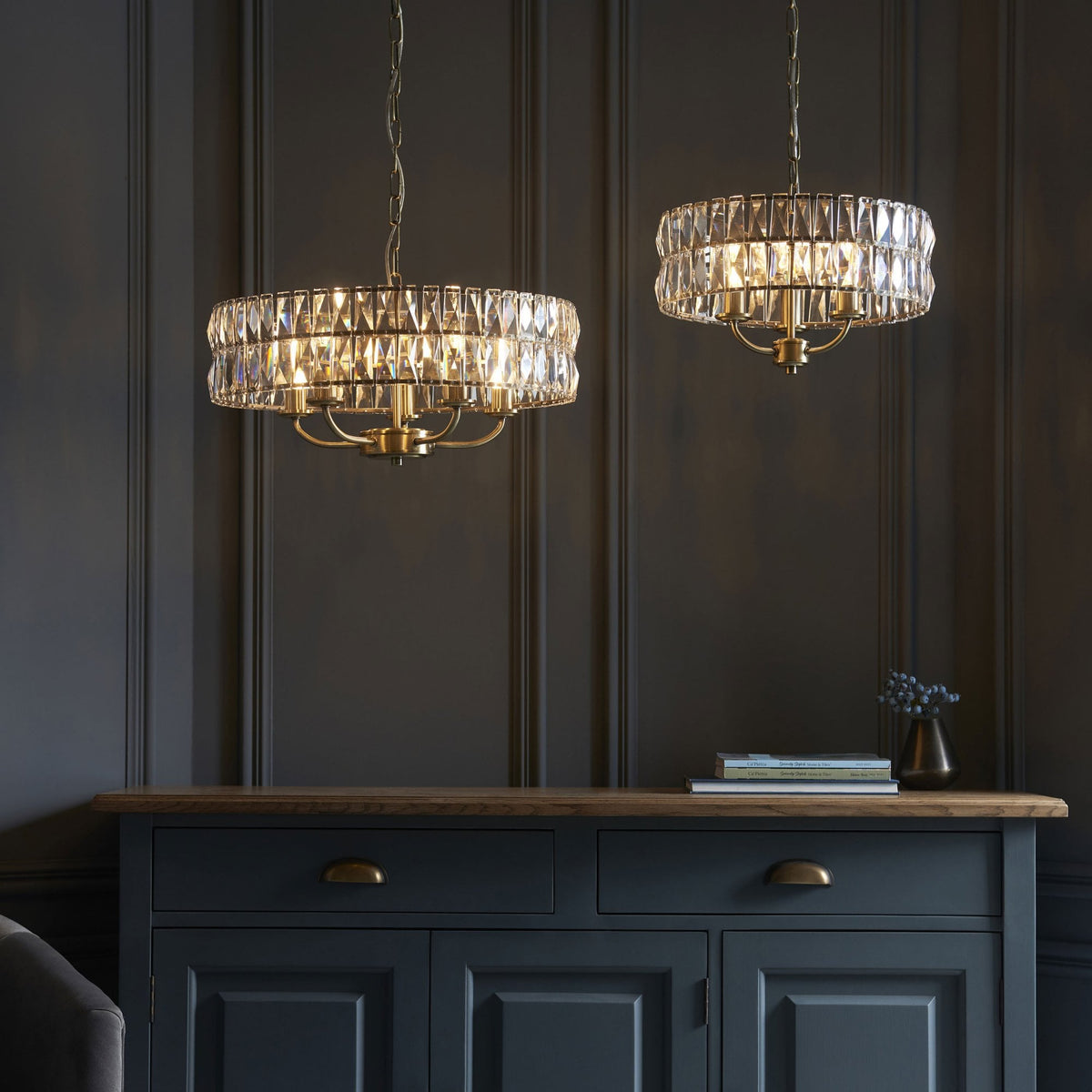 Clifton Five Light Pendant Chandelier in Antique Brass with Clear Cut Faceted Glass