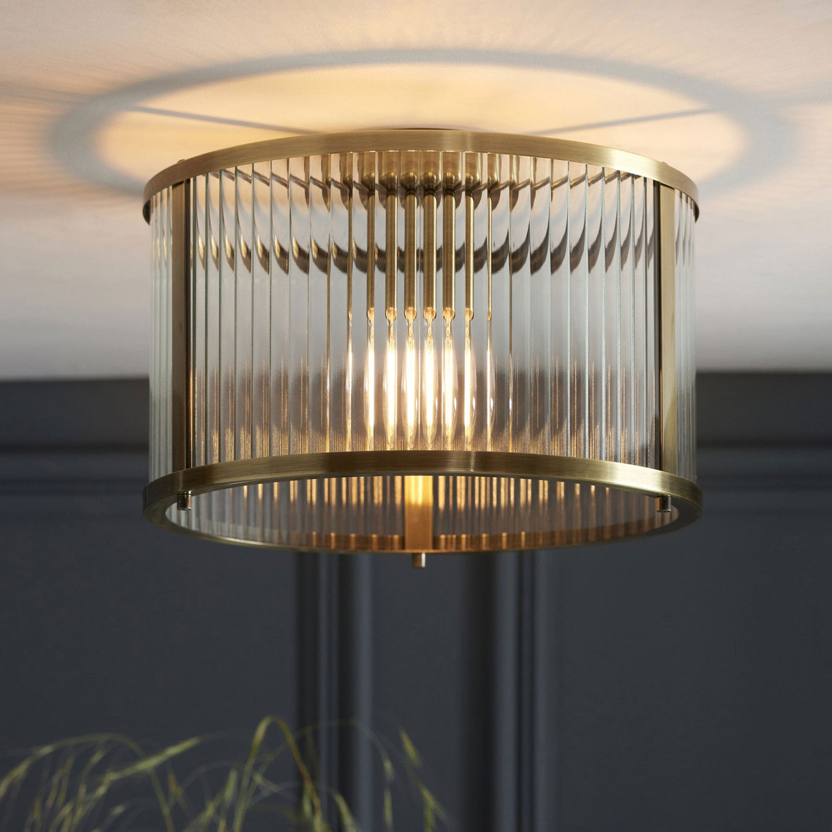 Ridgeton Flush Ceiling Light in Antique Brass & Clear Ribbed Glass