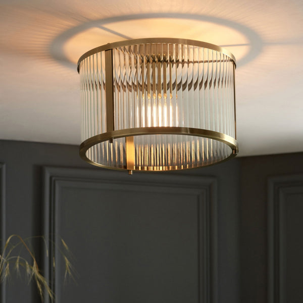 Ridgeton Flush Ceiling Light in Antique Brass & Clear Ribbed Glass