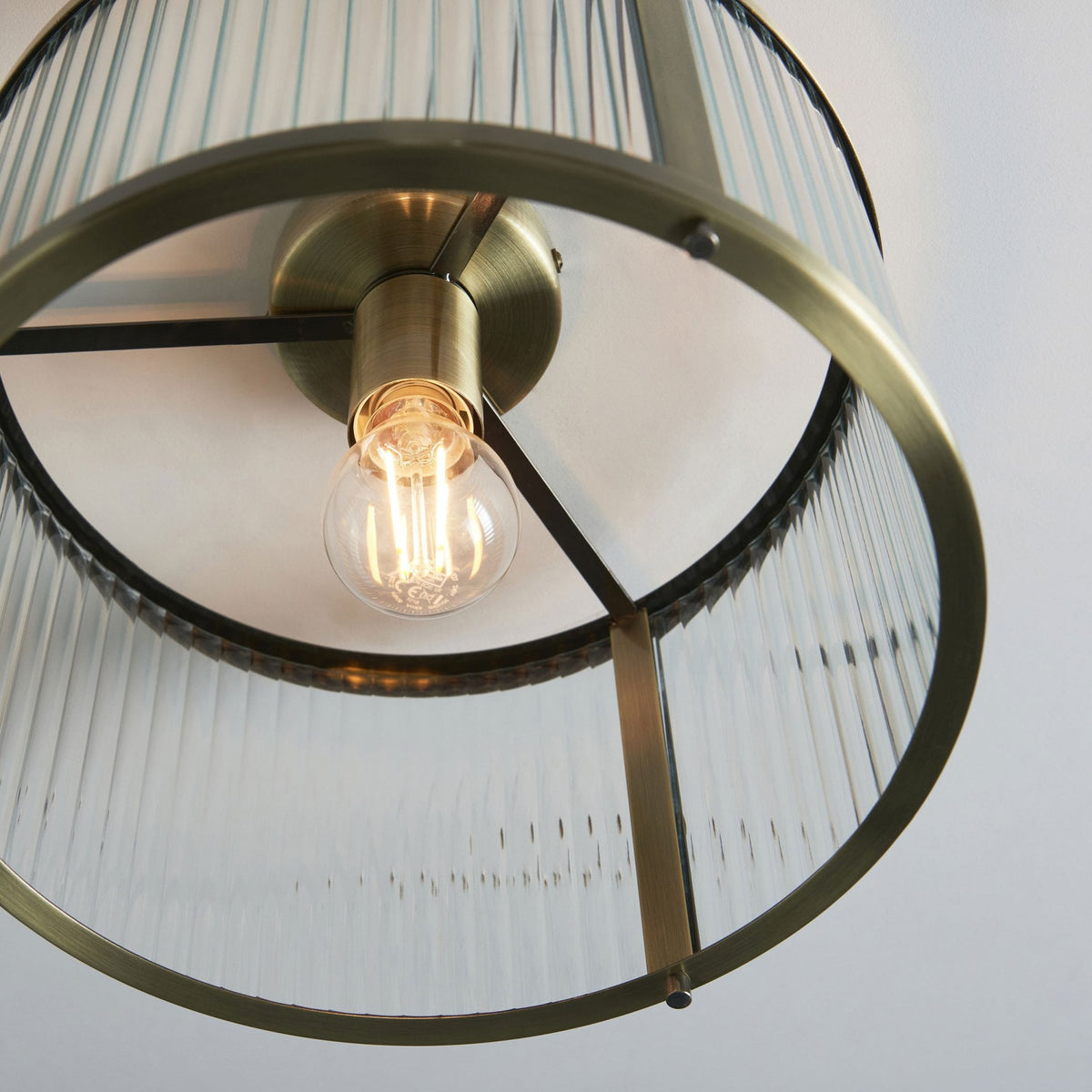 Ridgeton Flush Ceiling Light in Antique Brass & Clear Ribbed Glass