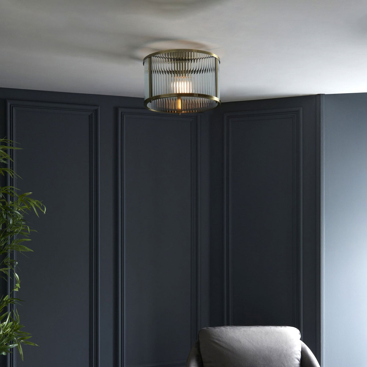 Ridgeton Flush Ceiling Light in Antique Brass & Clear Ribbed Glass