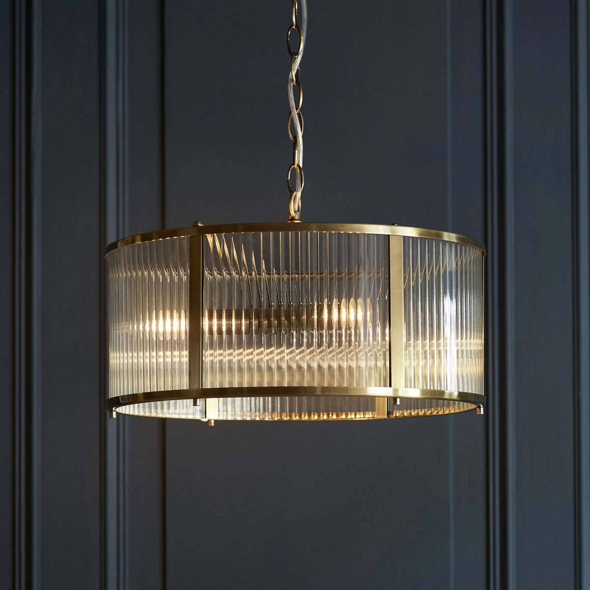 Ridgeton Pendant Light in Antique Brass & Clear Ribbed Glass