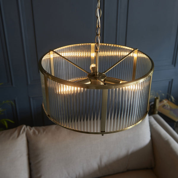 Ridgeton Pendant Light in Antique Brass & Clear Ribbed Glass