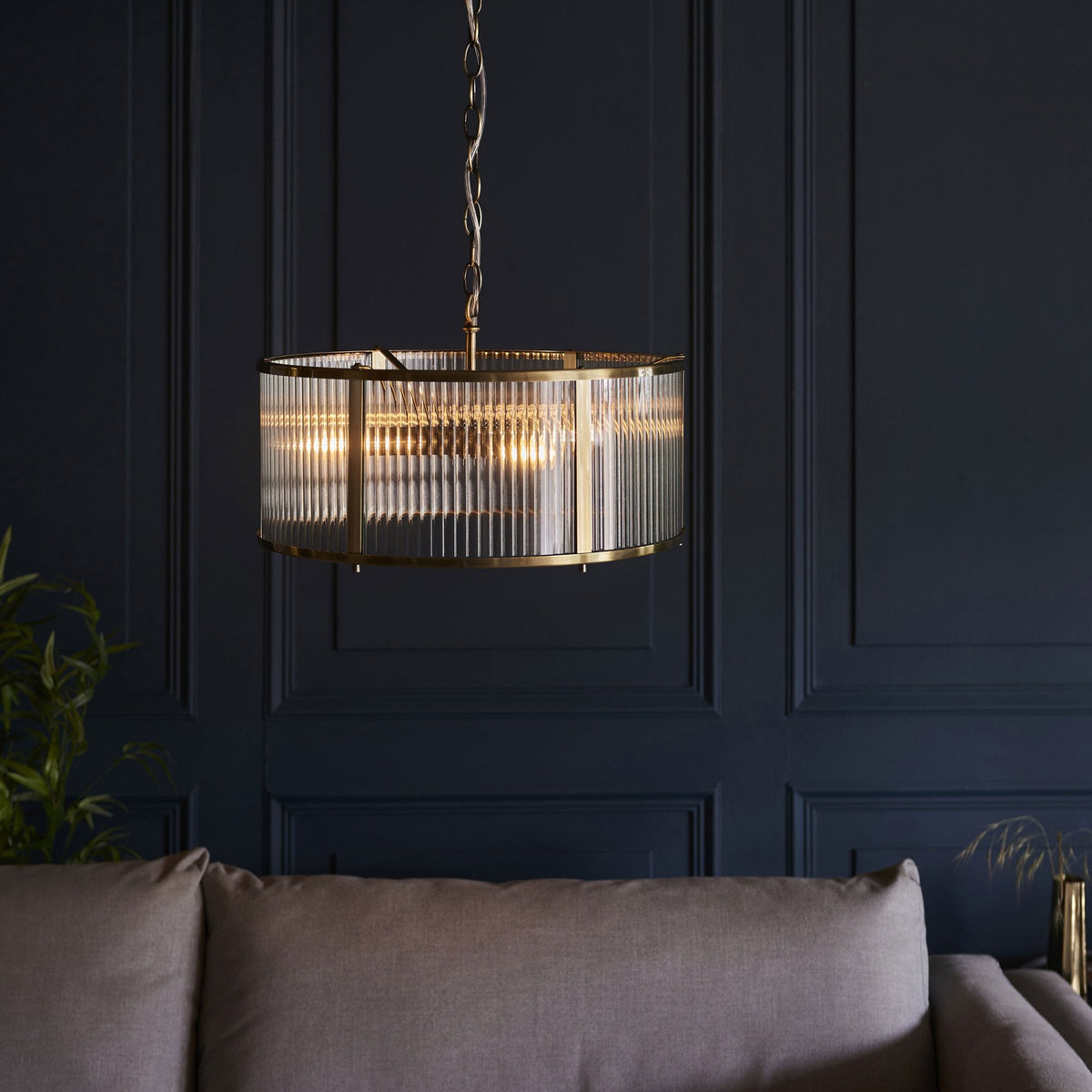 Ridgeton Pendant Light in Antique Brass & Clear Ribbed Glass