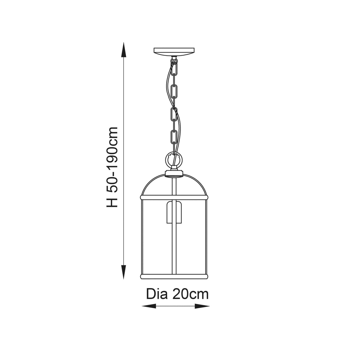 Line drawing of a caged ceiling light with dimensions: height 50-190cm, diameter 20cm.