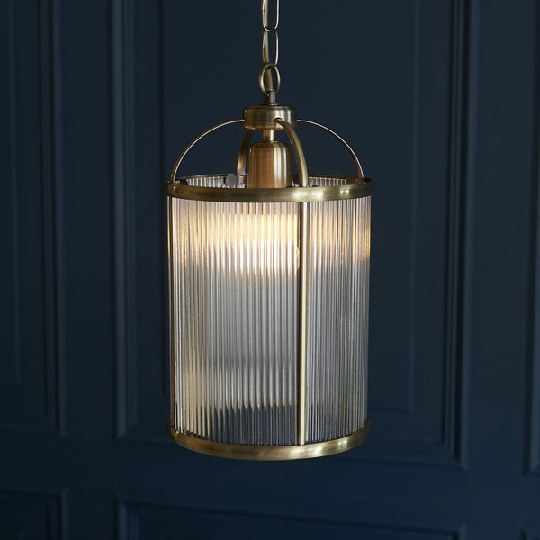 Lambeth Single Pendant in Antique Brass & Clear Ribbed Glass