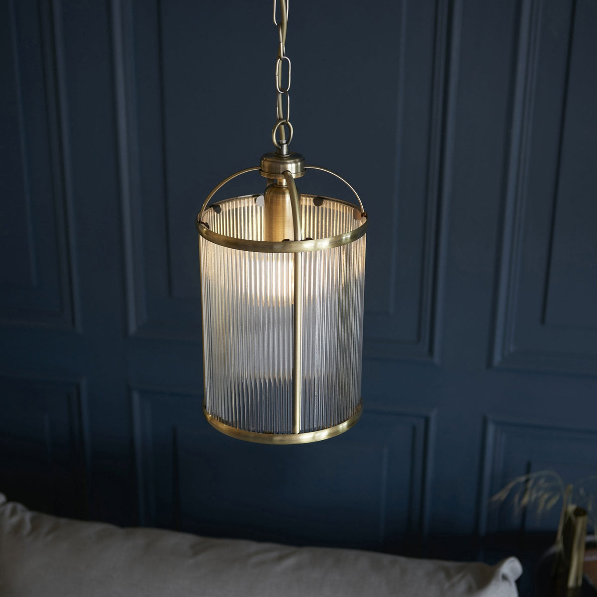 Lambeth Single Pendant in Antique Brass & Clear Ribbed Glass