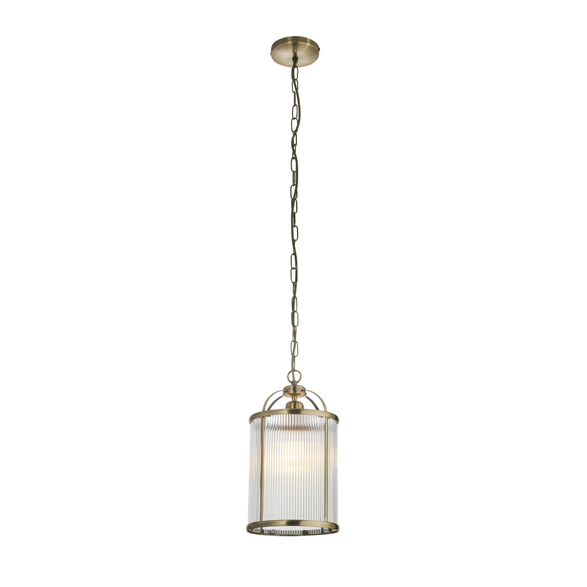 Lambeth Single Pendant in Antique Brass & Clear Ribbed Glass