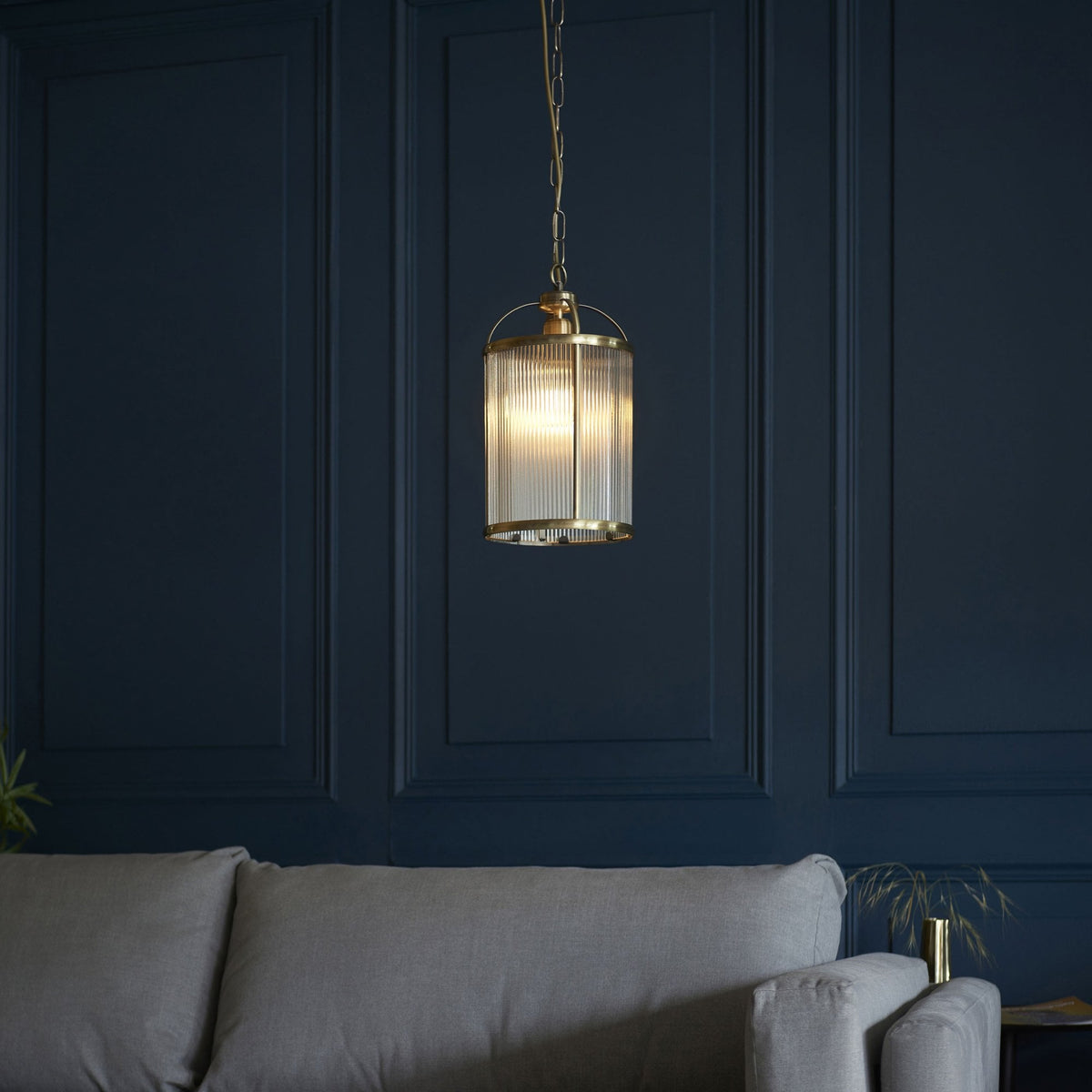 Lambeth Single Pendant in Antique Brass & Clear Ribbed Glass