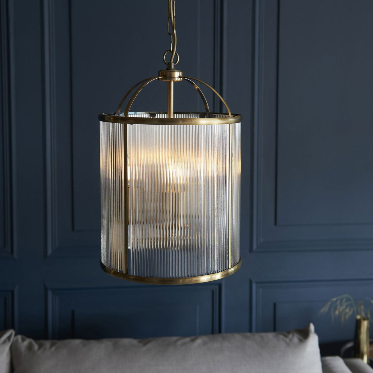 Lambeth Four Lamp Pendant in Antique Brass & Clear Ribbed Glass