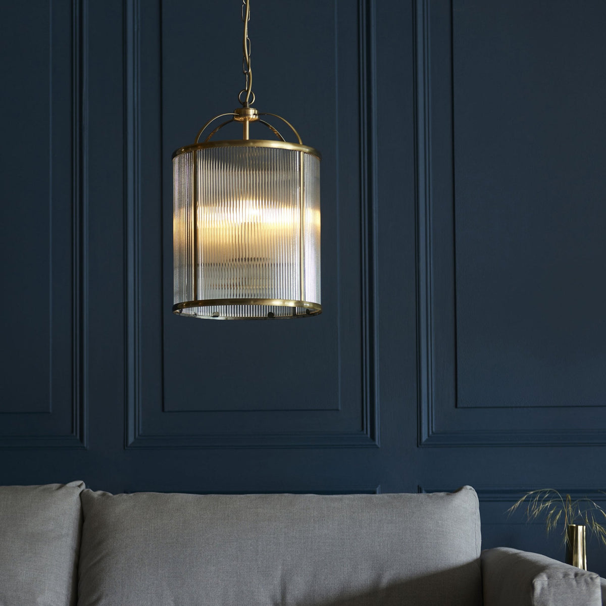 Lambeth Four Lamp Pendant in Antique Brass & Clear Ribbed Glass