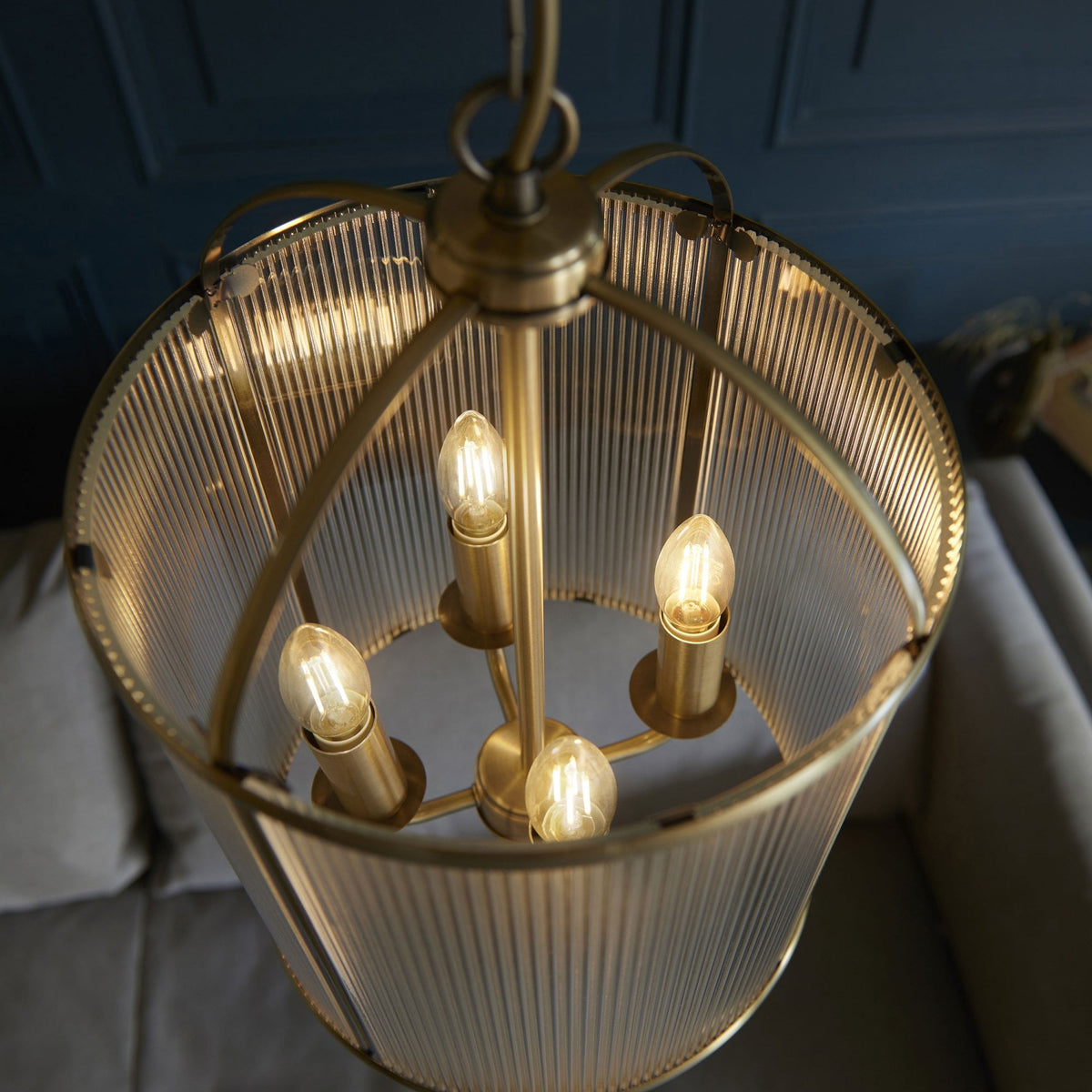 Lambeth Four Lamp Pendant in Antique Brass & Clear Ribbed Glass