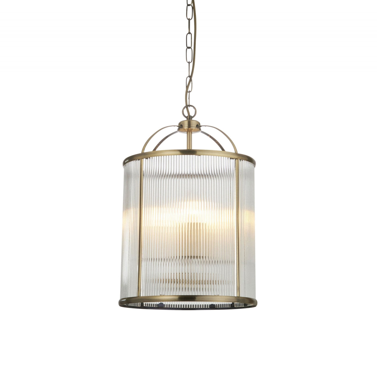 Lambeth Four Lamp Pendant in Antique Brass & Clear Ribbed Glass
