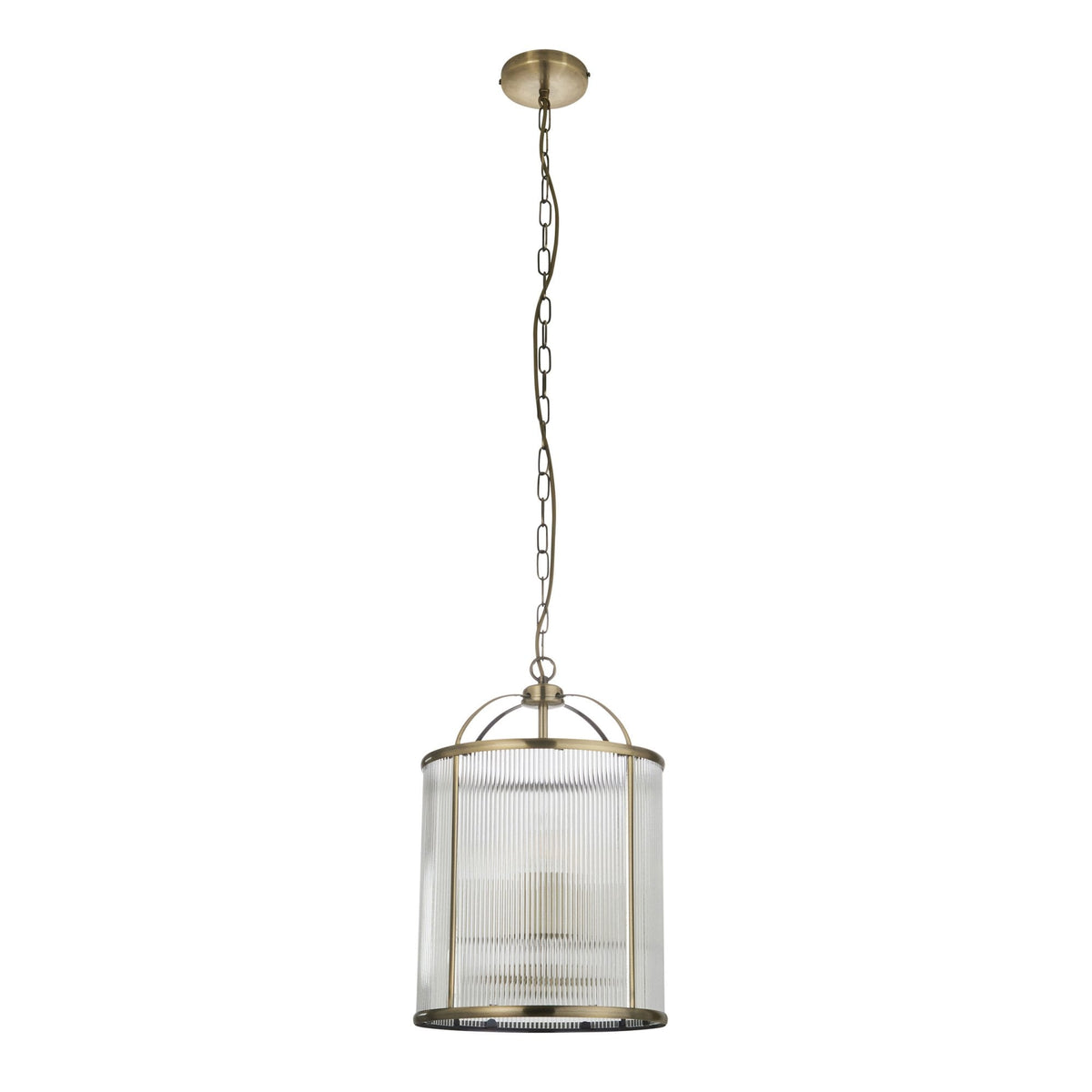 Lambeth Four Lamp Pendant in Antique Brass & Clear Ribbed Glass