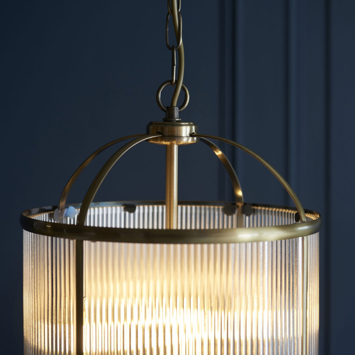 Lambeth Four Lamp Pendant in Antique Brass & Clear Ribbed Glass