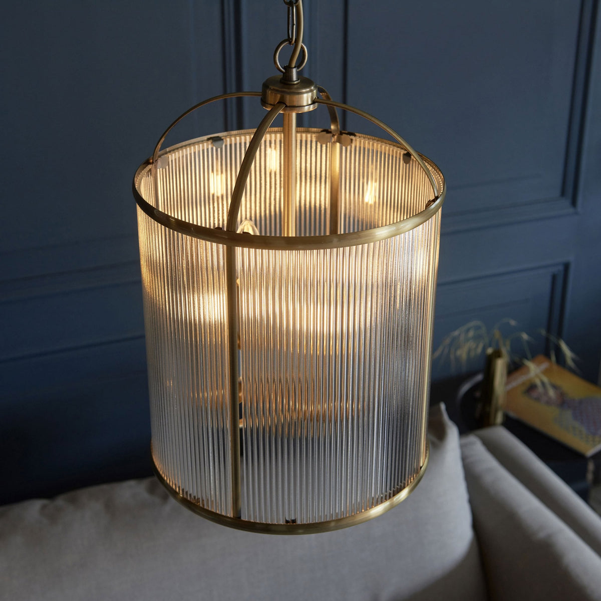 Lambeth Four Lamp Pendant in Antique Brass & Clear Ribbed Glass