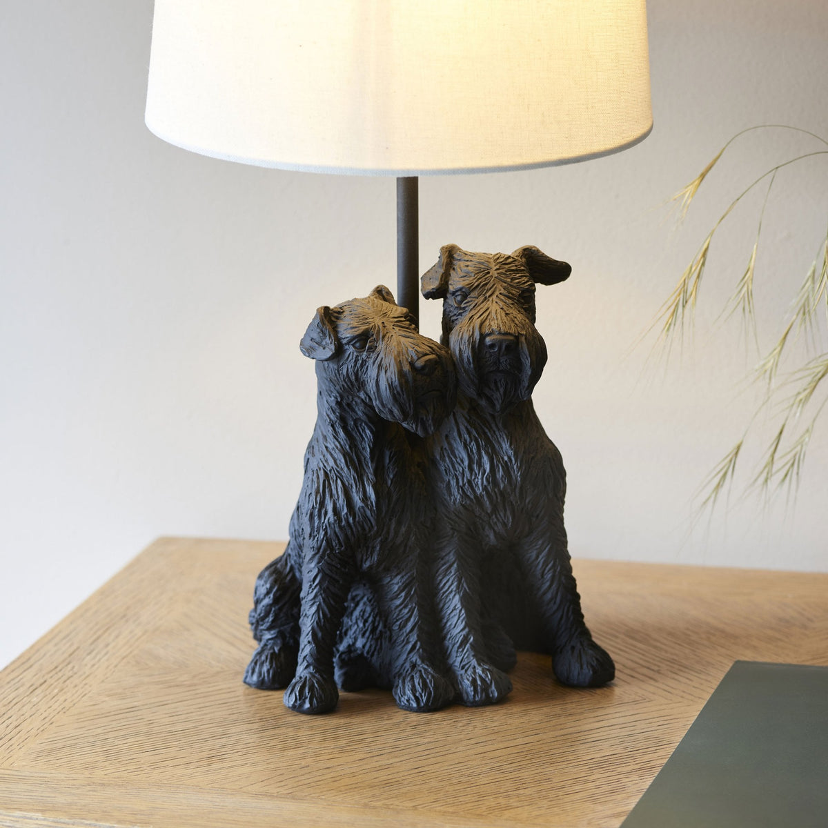 Westie Table Lamp in Matt Black with Natural Fabric Shade