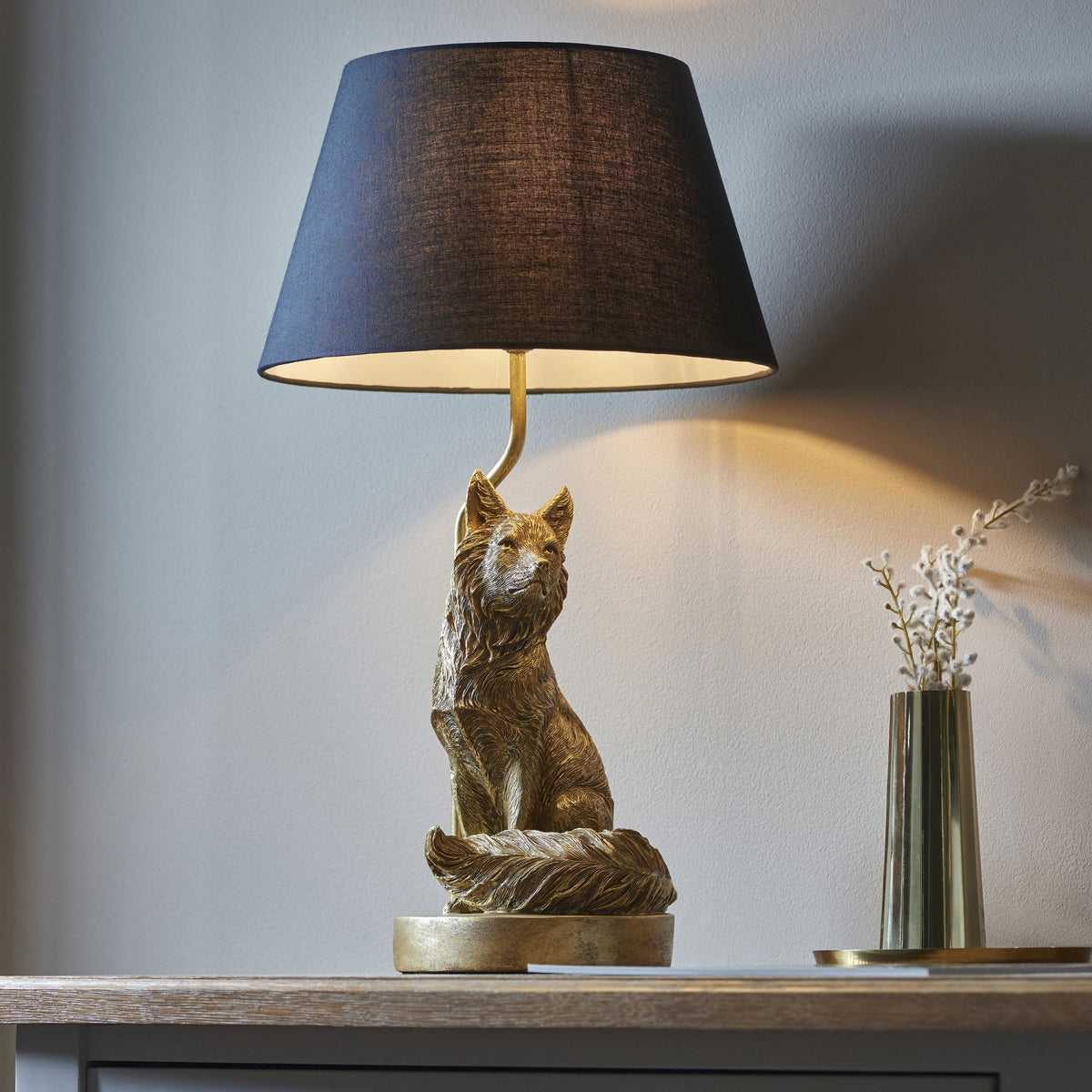Fox Table Lamp in Vintage Gold with Black Tapered Fabric Shade