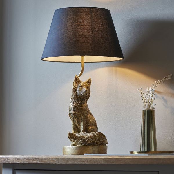 Fox Table Lamp in Vintage Gold with Black Tapered Fabric Shade