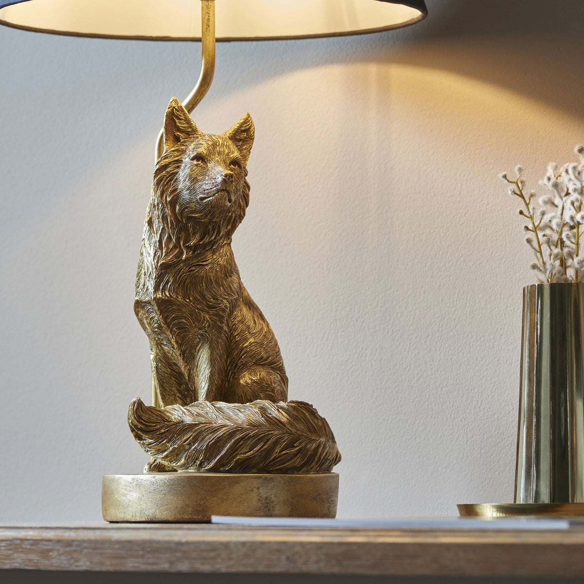 Fox Table Lamp in Vintage Gold with Black Tapered Fabric Shade