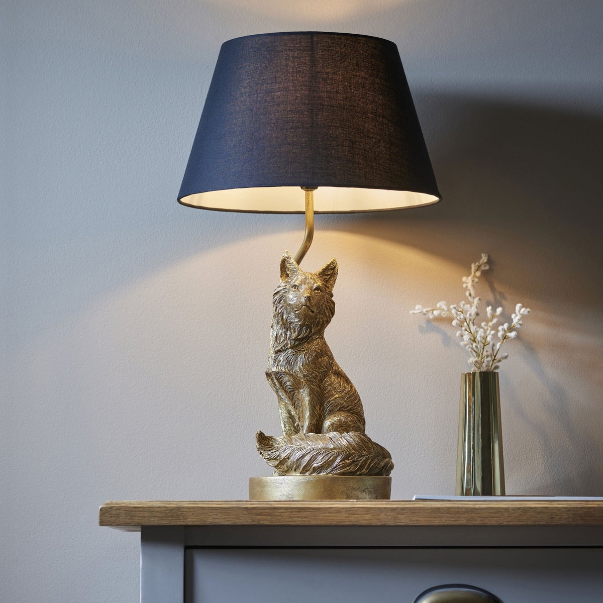 Fox Table Lamp in Vintage Gold with Black Tapered Fabric Shade