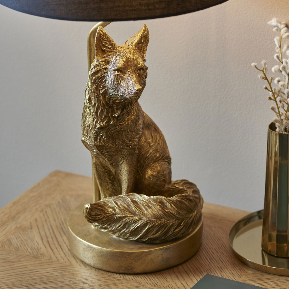 Fox Table Lamp in Vintage Gold with Black Tapered Fabric Shade