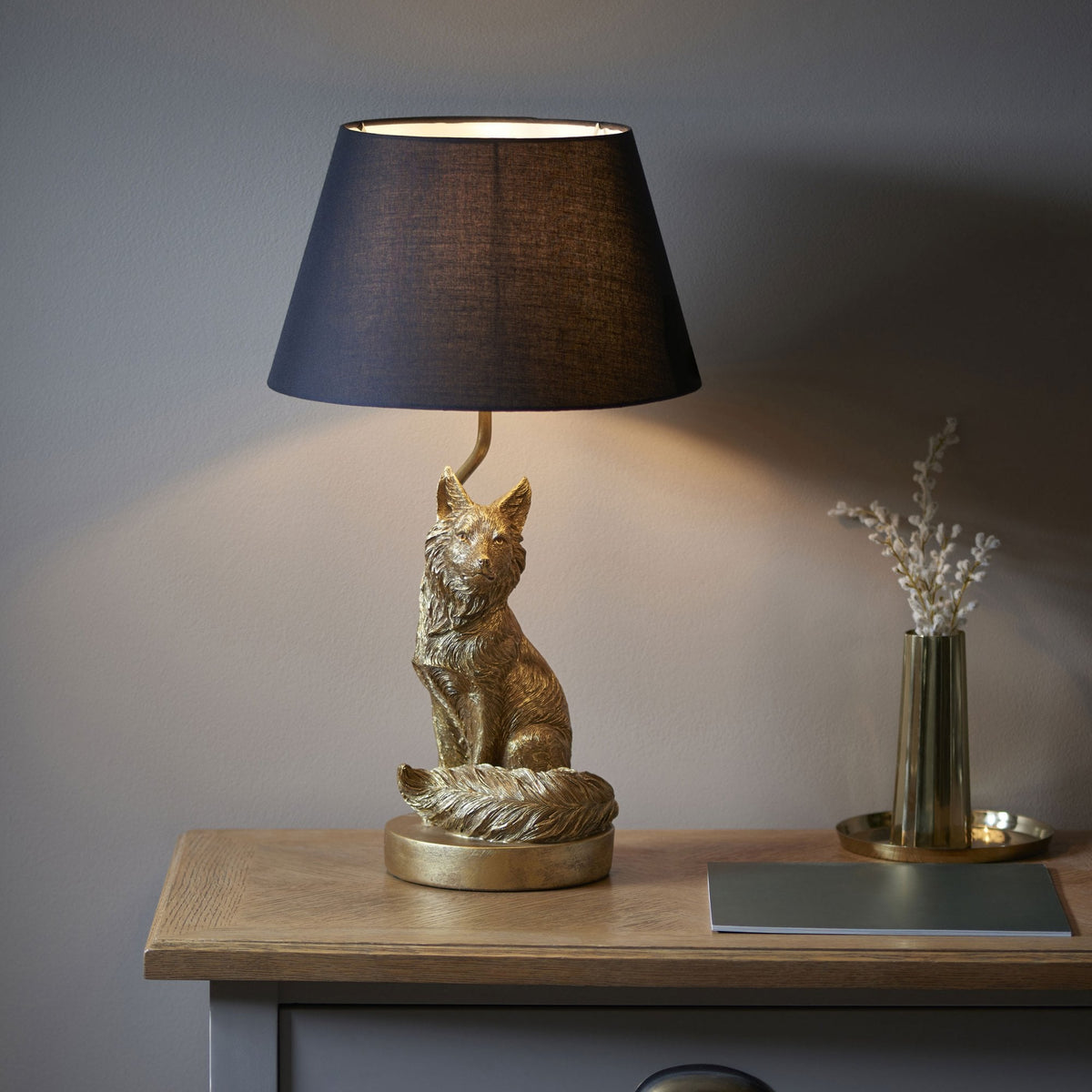 Fox Table Lamp in Vintage Gold with Black Tapered Fabric Shade