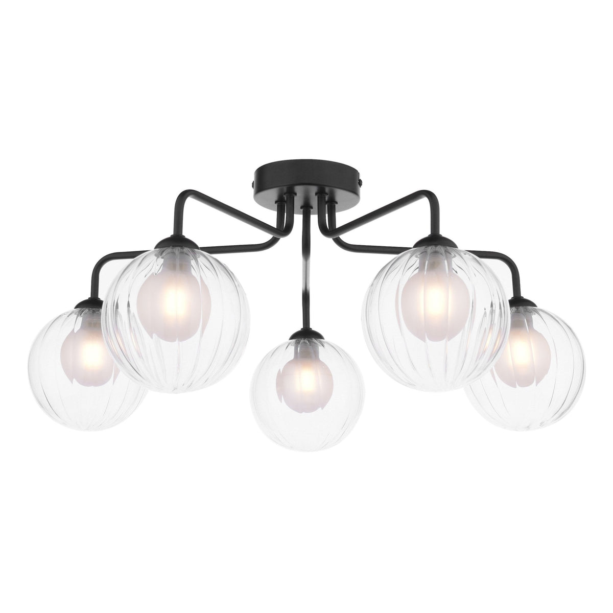 Feya 5 Light Semi Flush Ceiling Light In Matt Black With Ribbed Clear & Opal Glass Shades