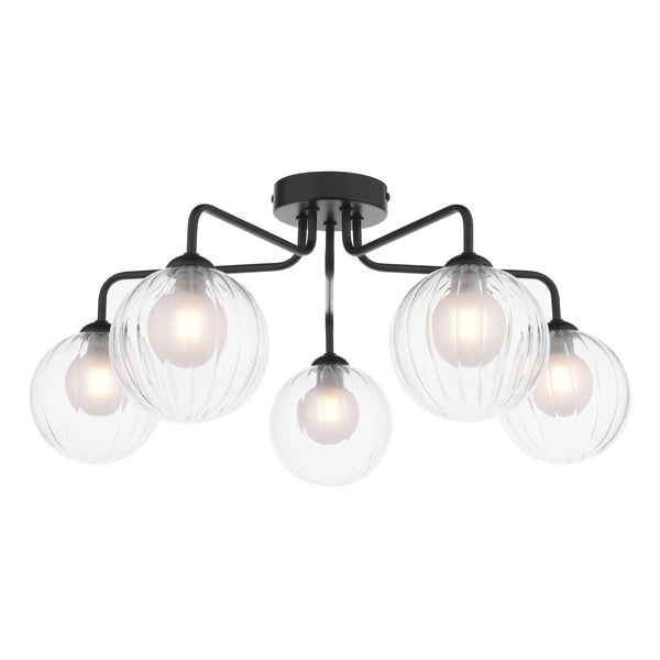 Feya 5 Light Semi Flush Ceiling Light In Matt Black With Ribbed Clear & Opal Glass Shades