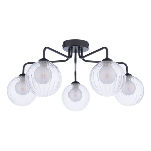 Feya 5 Light Semi Flush Ceiling Light In Matt Black With Ribbed Clear & Opal Glass Shades