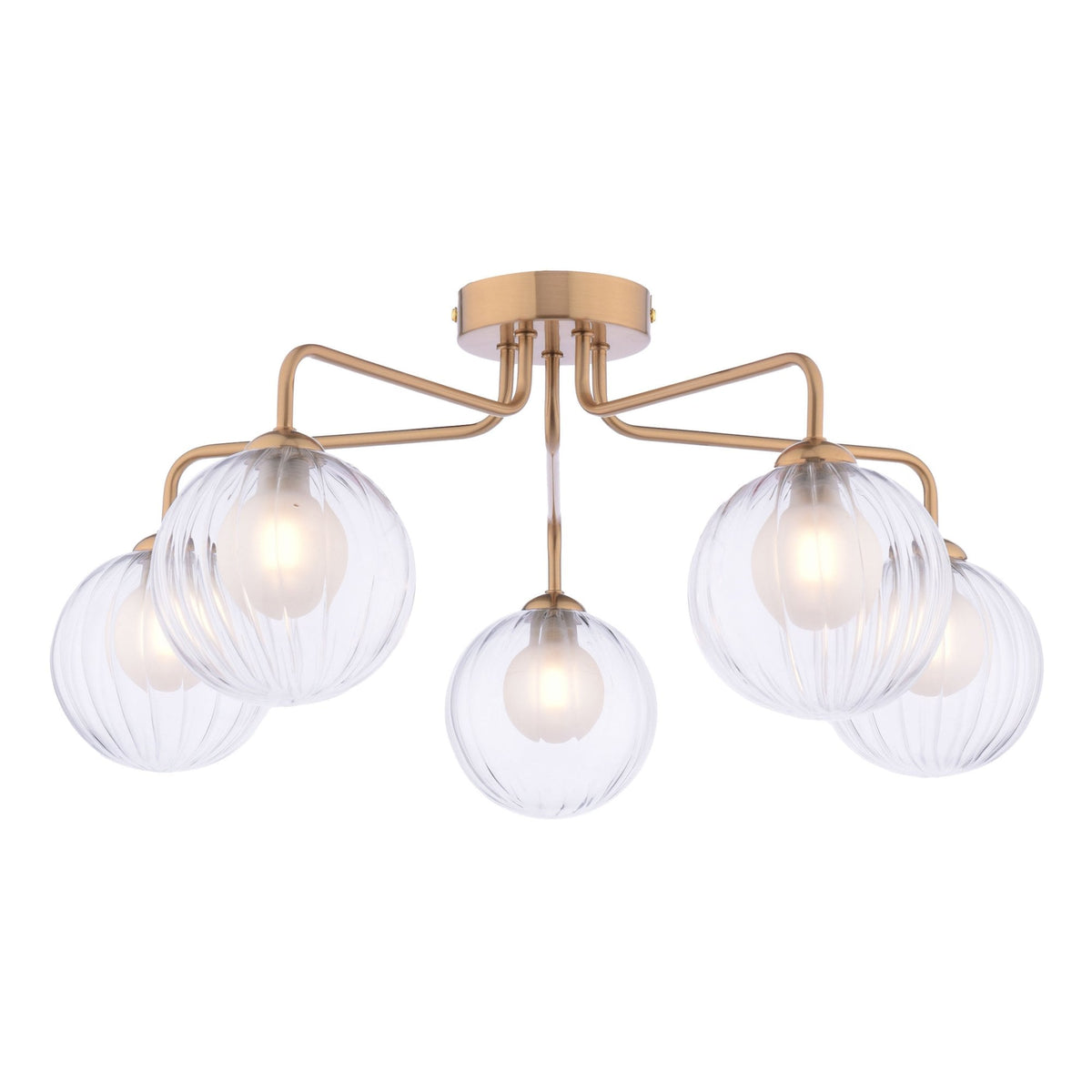 Feya 5 Light Semi Flush Ceiling Light In Antique Bronze With Ribbed Clear & Opal Glass Shades