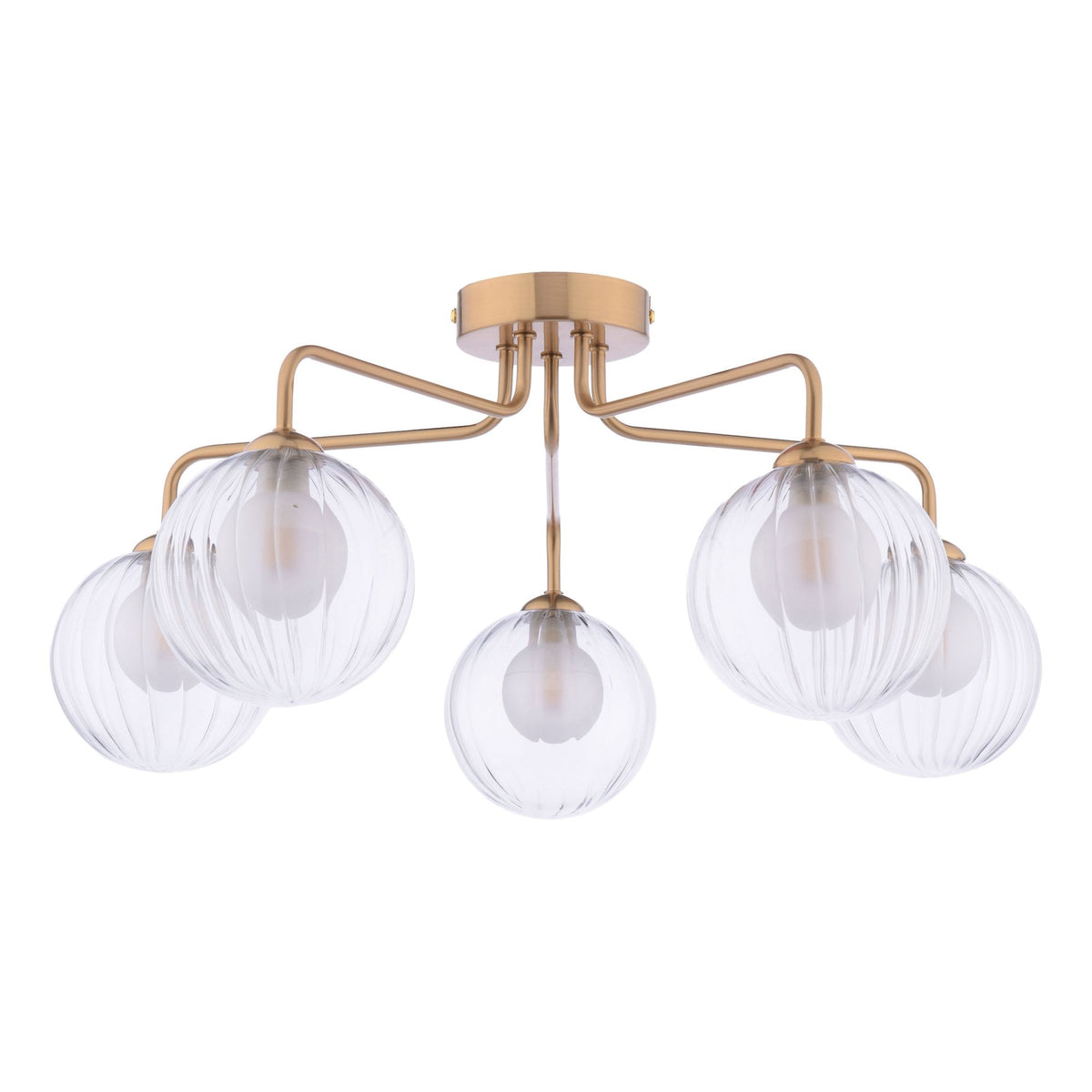 Feya 5 Light Semi Flush Ceiling Light In Antique Bronze With Ribbed Clear & Opal Glass Shades