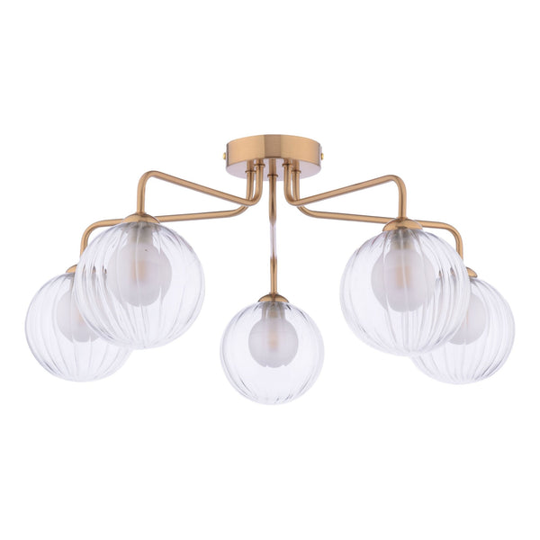 Feya 5 Light Semi Flush Ceiling Light In Antique Bronze With Ribbed Clear & Opal Glass Shades