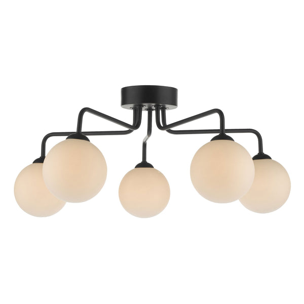 Feya 5 Light Semi Flush Ceiling Light In Matt Black With Opal Glass Shades