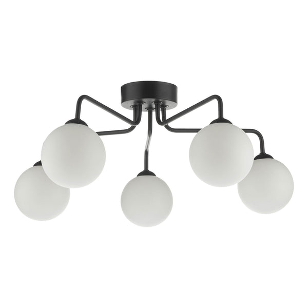 Feya 5 Light Semi Flush Ceiling Light In Matt Black With Opal Glass Shades