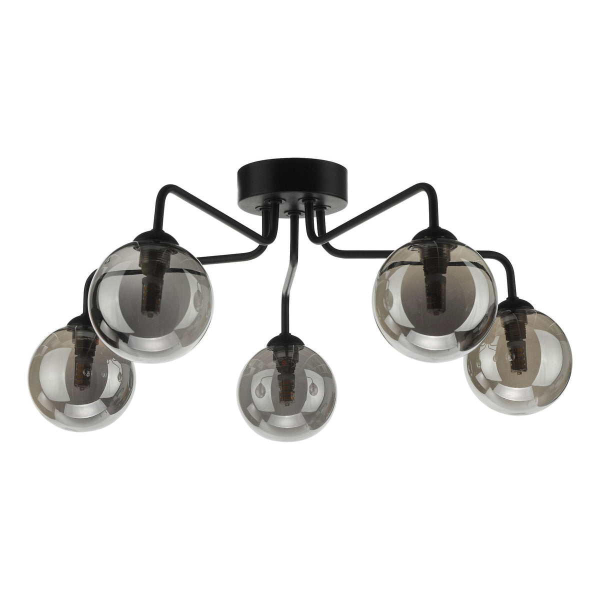 Black ceiling light with five smoked glass globe shades.