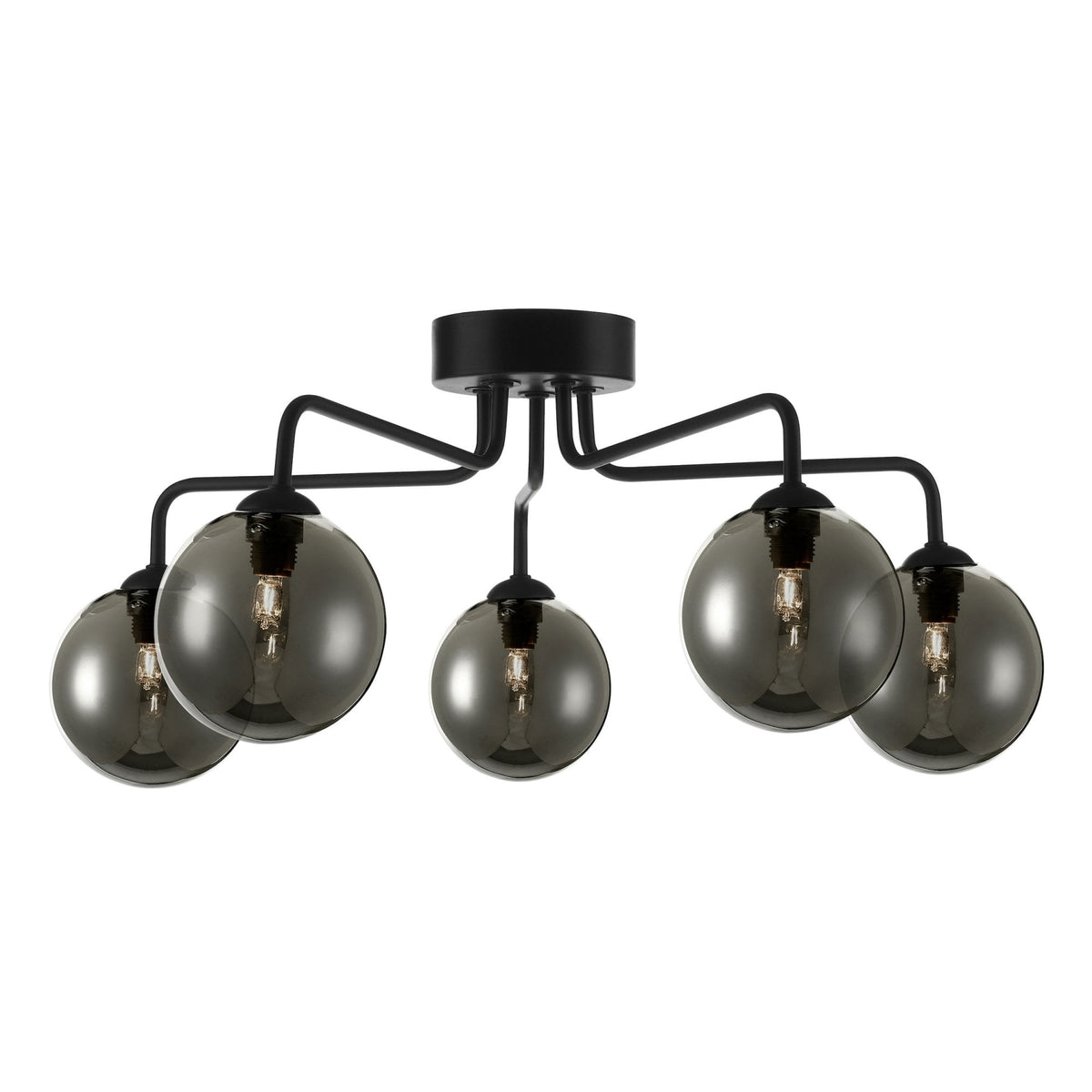 Black ceiling light with five smoked glass globe shades, each revealing a clear bulb.