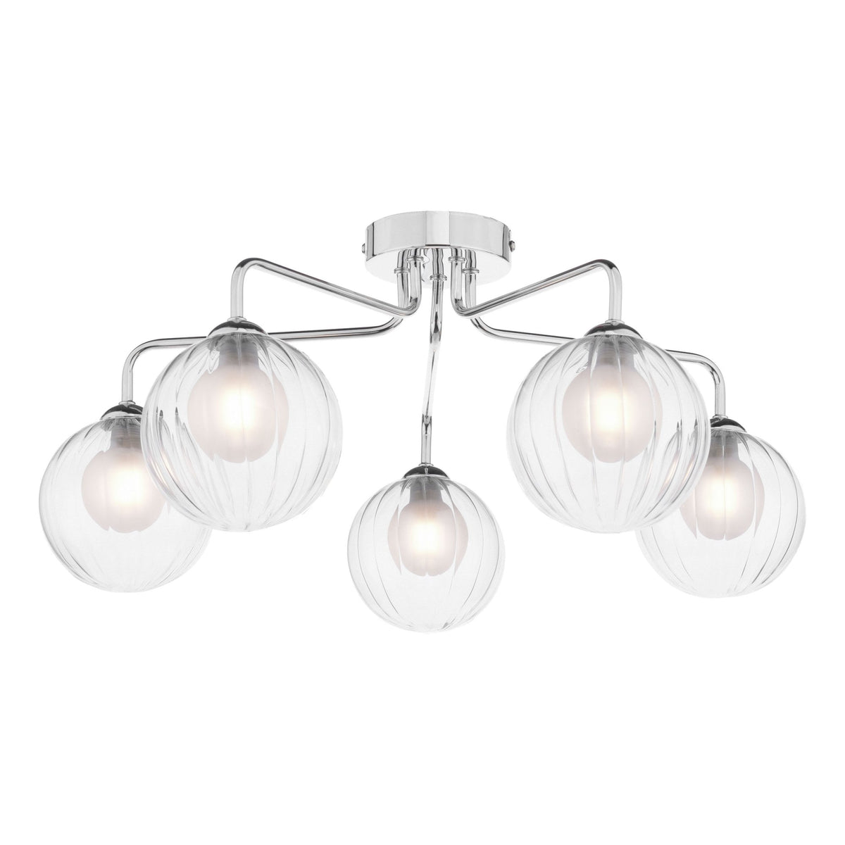 Feya 5 Light Semi Flush Ceiling Light In Polished Chrome With Ribbed Clear & Opal Glass Shades