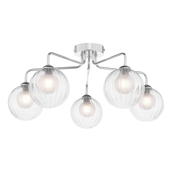 Feya 5 Light Semi Flush Ceiling Light In Polished Chrome With Ribbed Clear & Opal Glass Shades