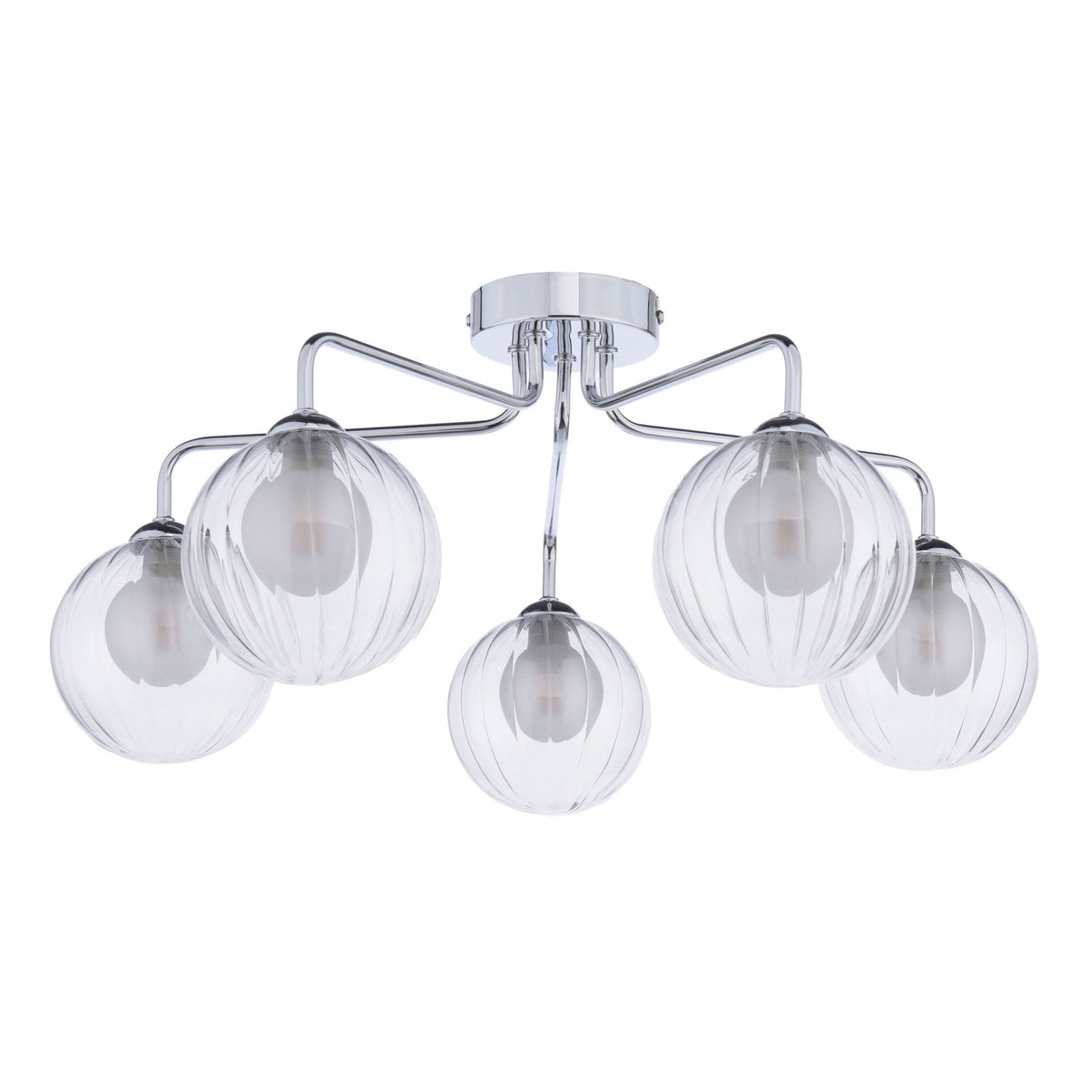 Feya 5 Light Semi Flush Ceiling Light In Polished Chrome With Ribbed Clear & Opal Glass Shades