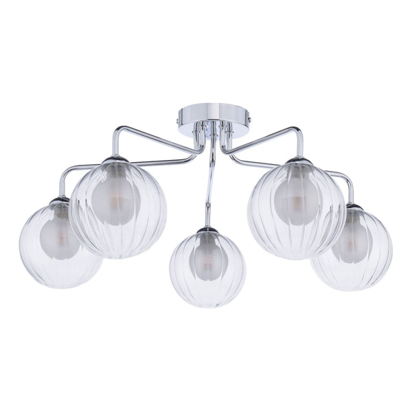 Feya 5 Light Semi Flush Ceiling Light In Polished Chrome With Ribbed Clear & Opal Glass Shades