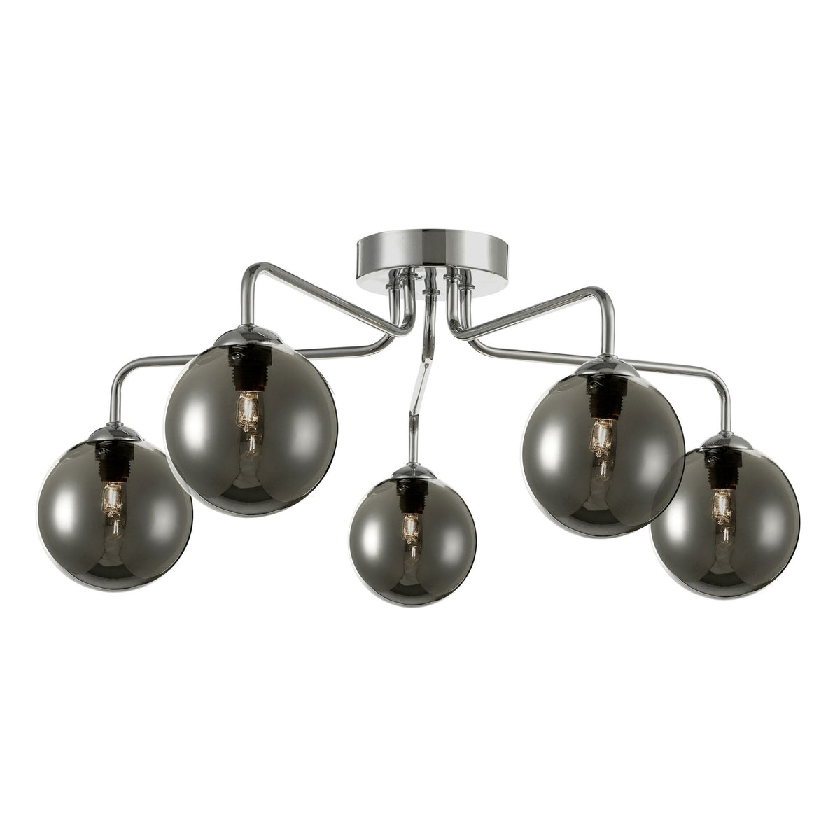 Modern ceiling light with five chrome arms and smoked glass globe shades.