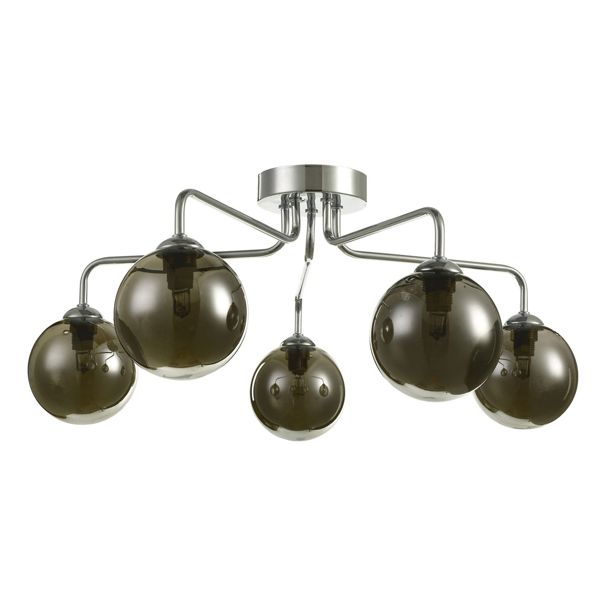 Modern ceiling light with five smoked glass globe shades and a polished chrome finish.