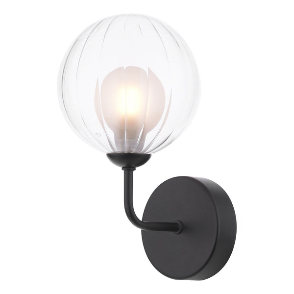 Feya Wall Light In Matt Black With Clear & Opal Ribbed Glass Shade