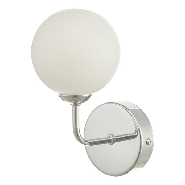 Chrome wall light with frosted spherical shade, perfect for contemporary interiors.